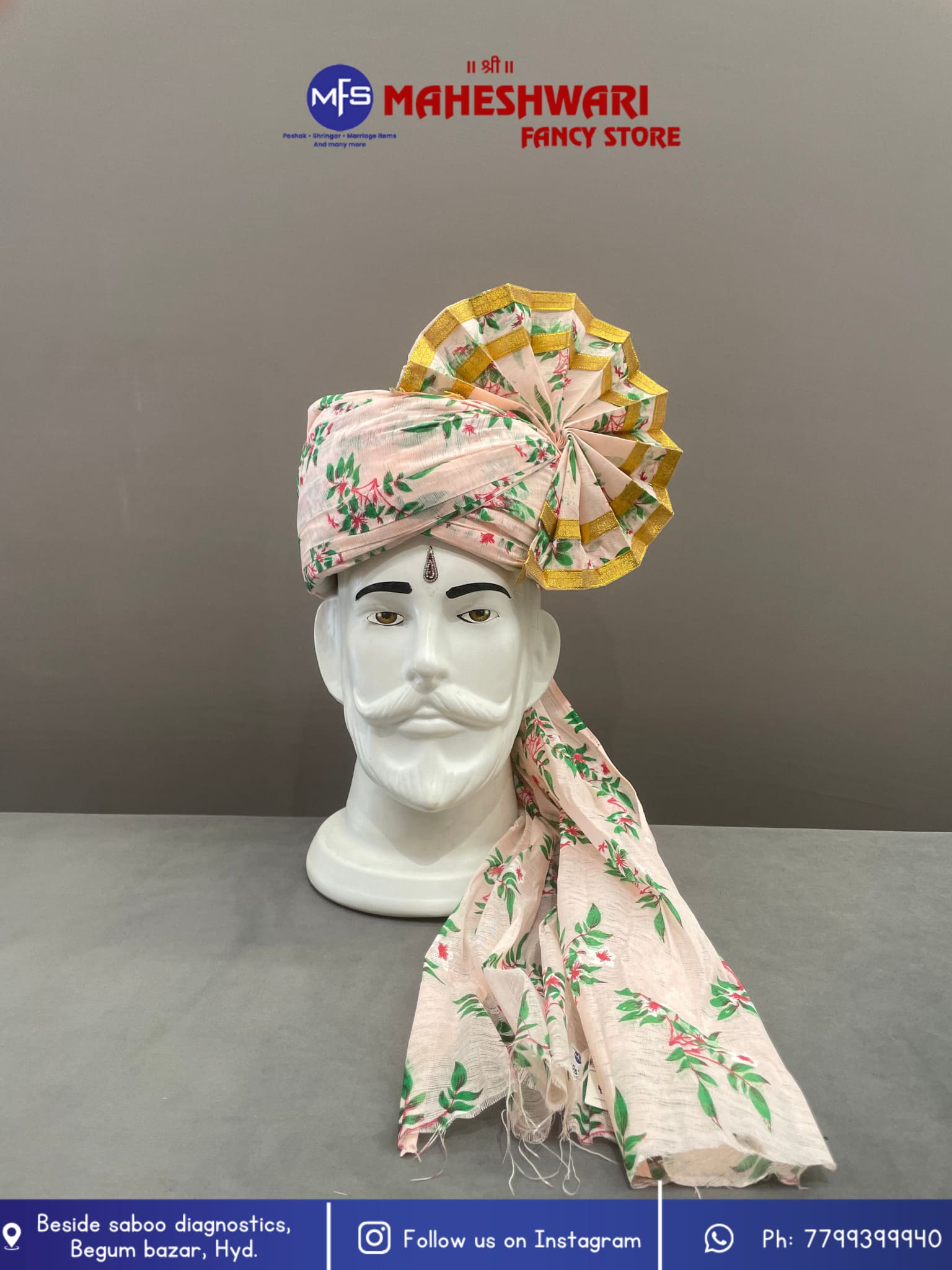 Digital Peach Leaf Barati Pagdi Fabric